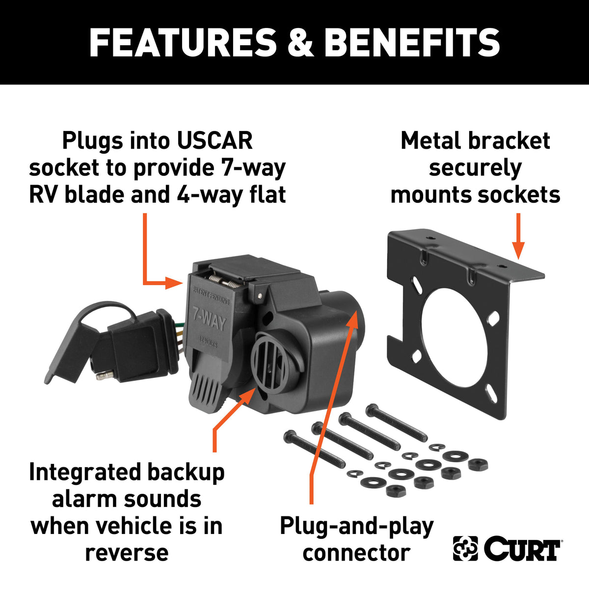 CURT 57101 Dual-Output Vehicle-Side 7-Pin, 4-Pin Connectors with Backup Alarm, Factory Tow Package and USCAR Socket Required