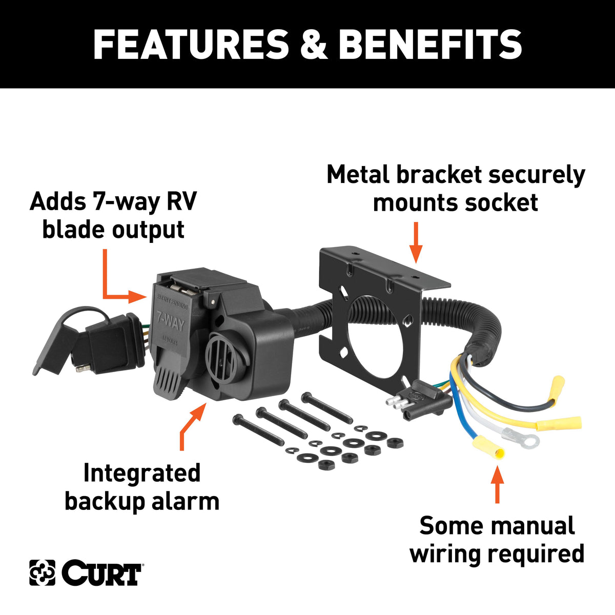 CURT 57102 Dual-Output 4-Way Flat Vehicle-Side to 7-Way RV Blade Trailer Wiring Adapter with Backup Alarm