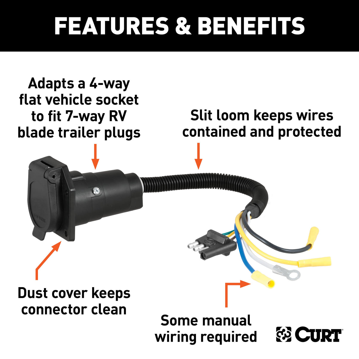 CURT 57184 4-Way Flat Vehicle-Side to 7-Way RV Blade Trailer Wiring Adapter