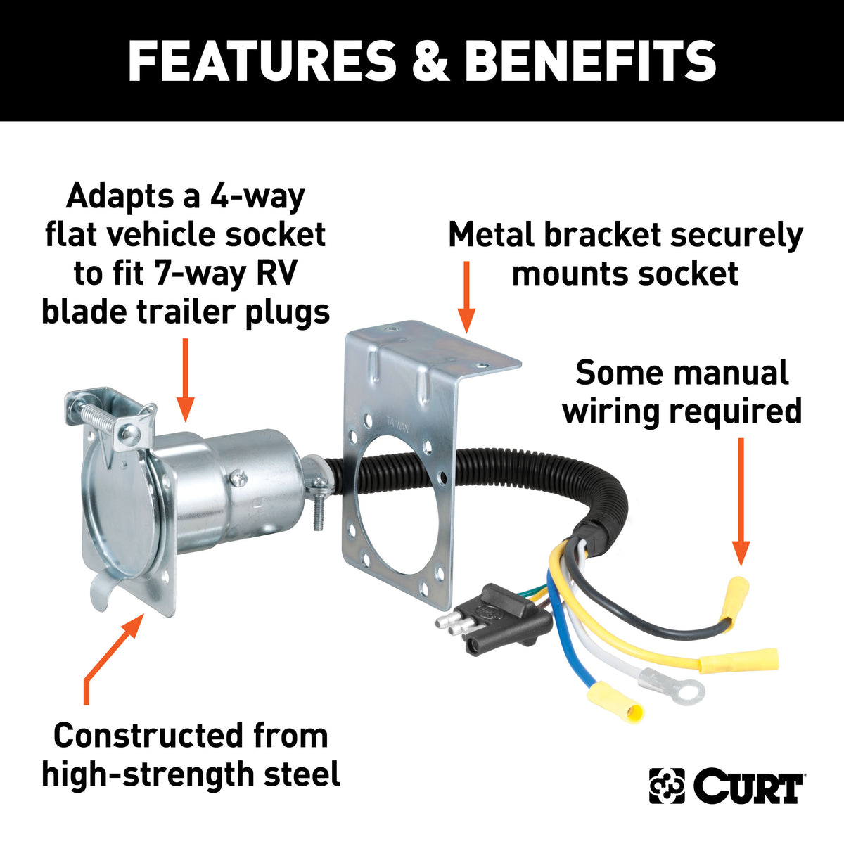 CURT 57185 4-Way Flat Vehicle-Side to 7-Way RV Blade Trailer Wiring Adapter