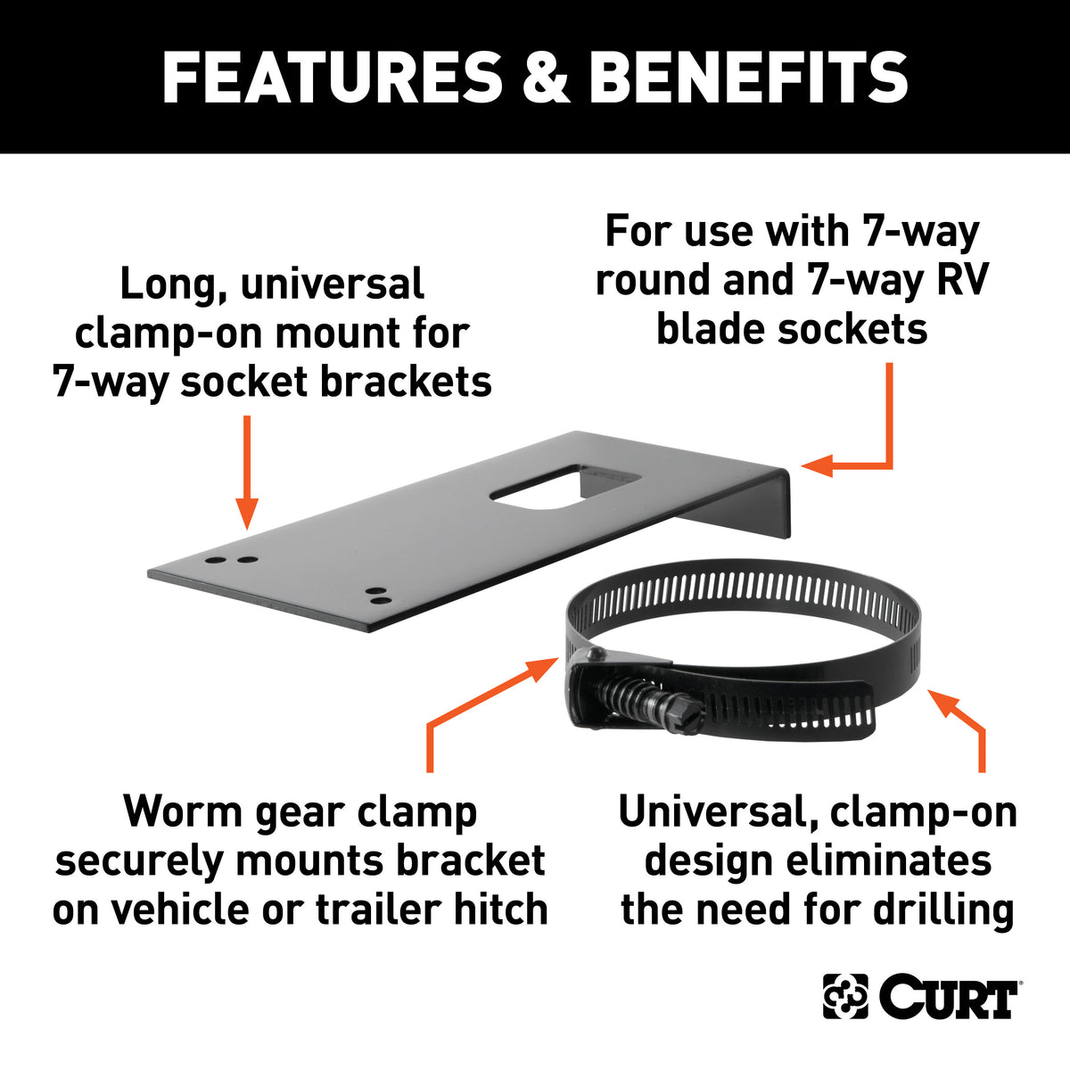 CURT 57202 Vehicle-Side Trailer Wiring Harness Clamp-On Bracket Mount for 7-Way Round or RV Blade