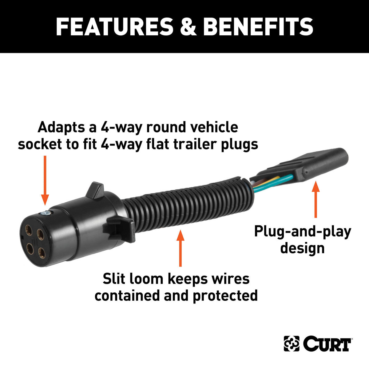 CURT 57224 4-Pin Round Vehicle-Side to 4-Way Trailer Wiring Adapter