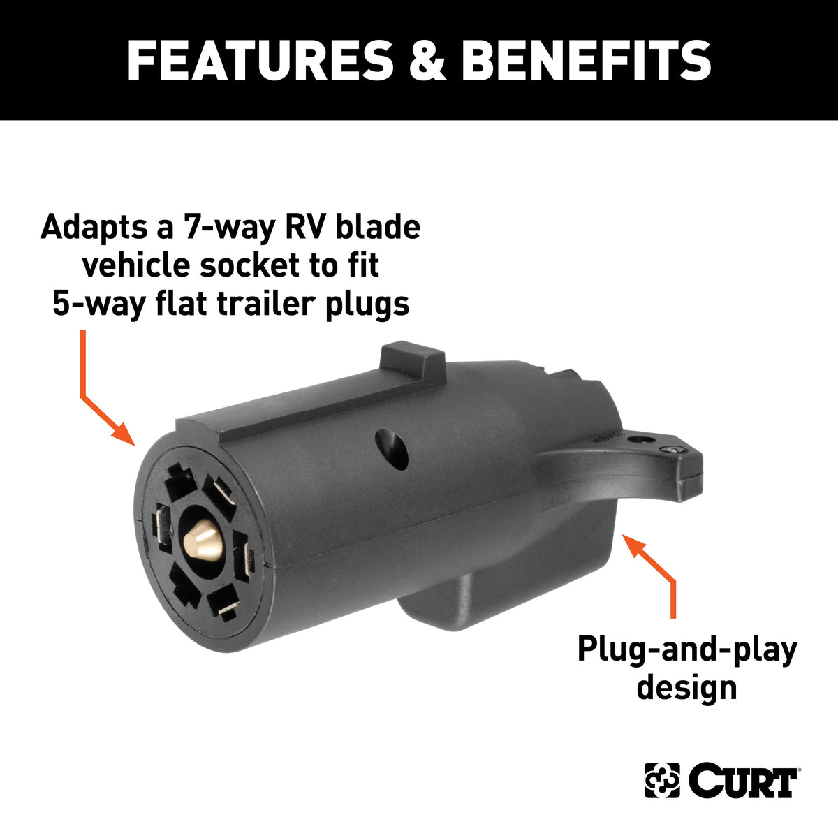 CURT 57251 7-Way RV Blade Vehicle-Side to 5-Way Flat Trailer Wiring Adapter