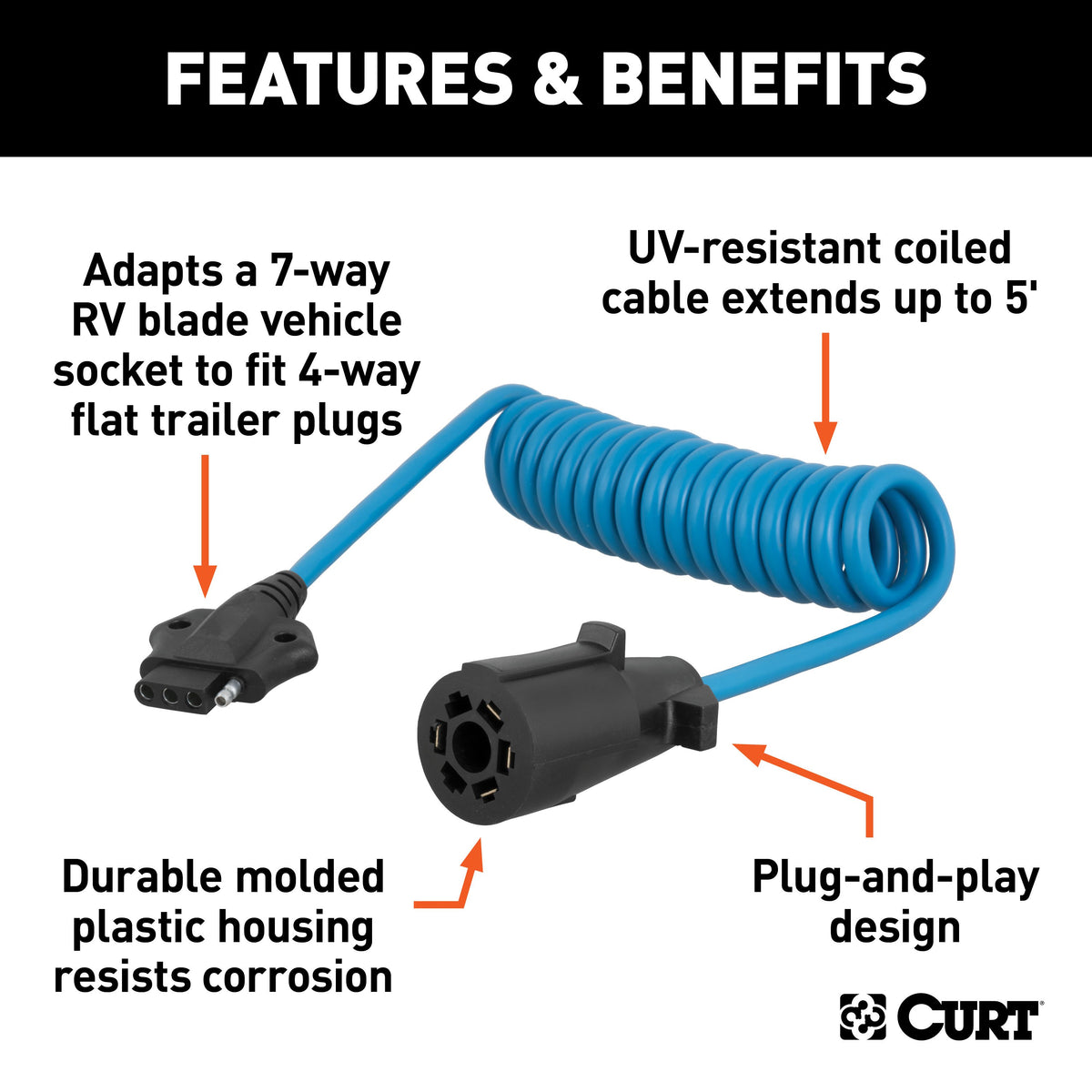 CURT 57271 5-Foot 7-Way RV Blade Vehicle-Side to 4-Way Flat Trailer Wiring Adapter Extension Harness