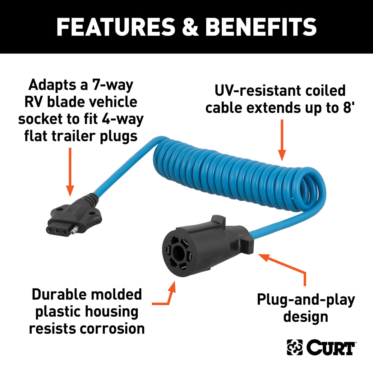 CURT 57280 8-Foot 7-Way RV Blade Vehicle-Side to 4-Way Flat Trailer Wiring Adapter Extension Harness