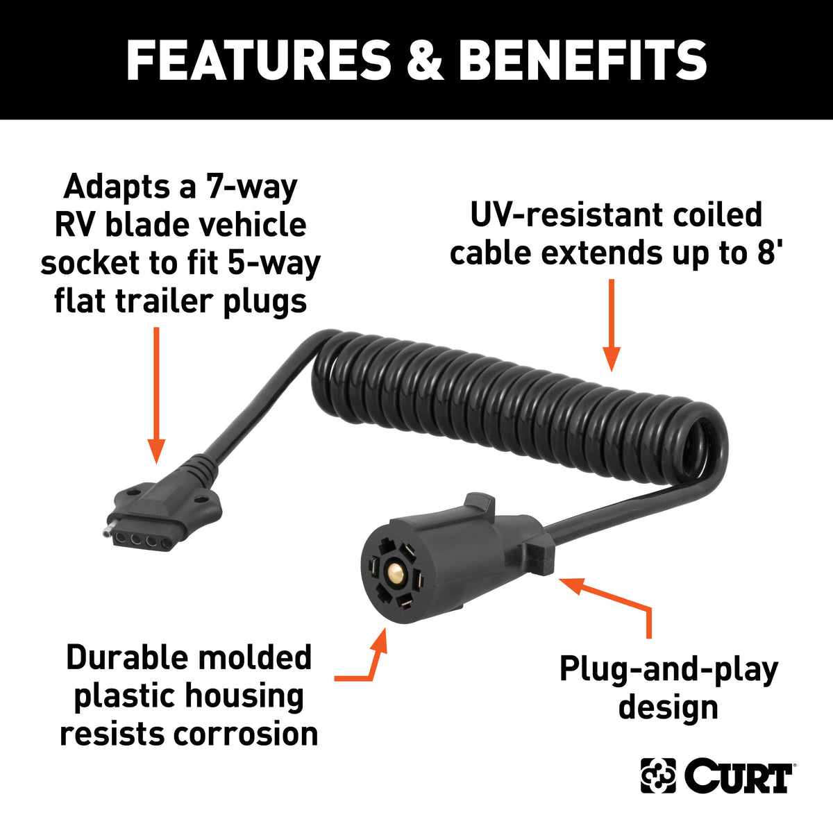 CURT 57282 8-Foot 7-Way RV Blade Vehicle-Side to 5-Way Flat Trailer Wiring Adapter Extension Harness