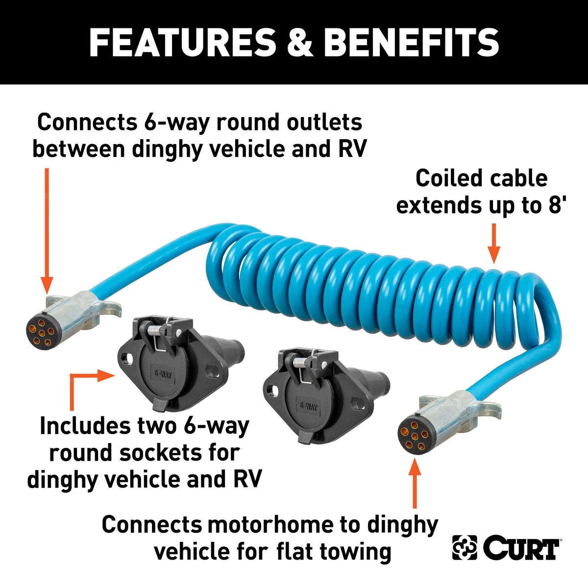 CURT 57286 8-Foot Flat Towing 6-Way Round Motorhome to Dinghy Vehicle Wiring Adapter Extension Harness and Sockets