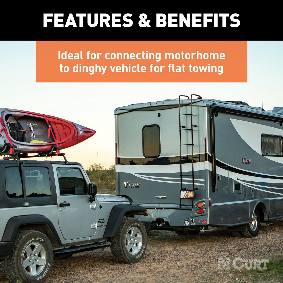 CURT 57286 8-Foot Flat Towing 6-Way Round Motorhome to Dinghy Vehicle Wiring Adapter Extension Harness and Sockets