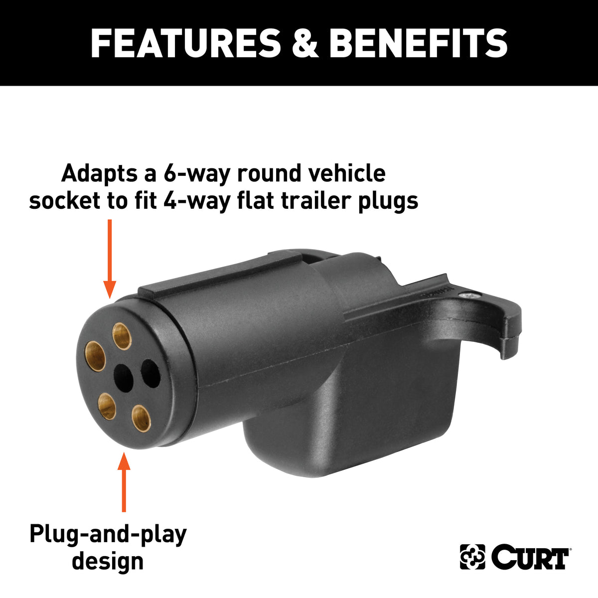 CURT 57620 6-Way Round Vehicle Side to 4-Way Flat Trailer Wiring Adapter
