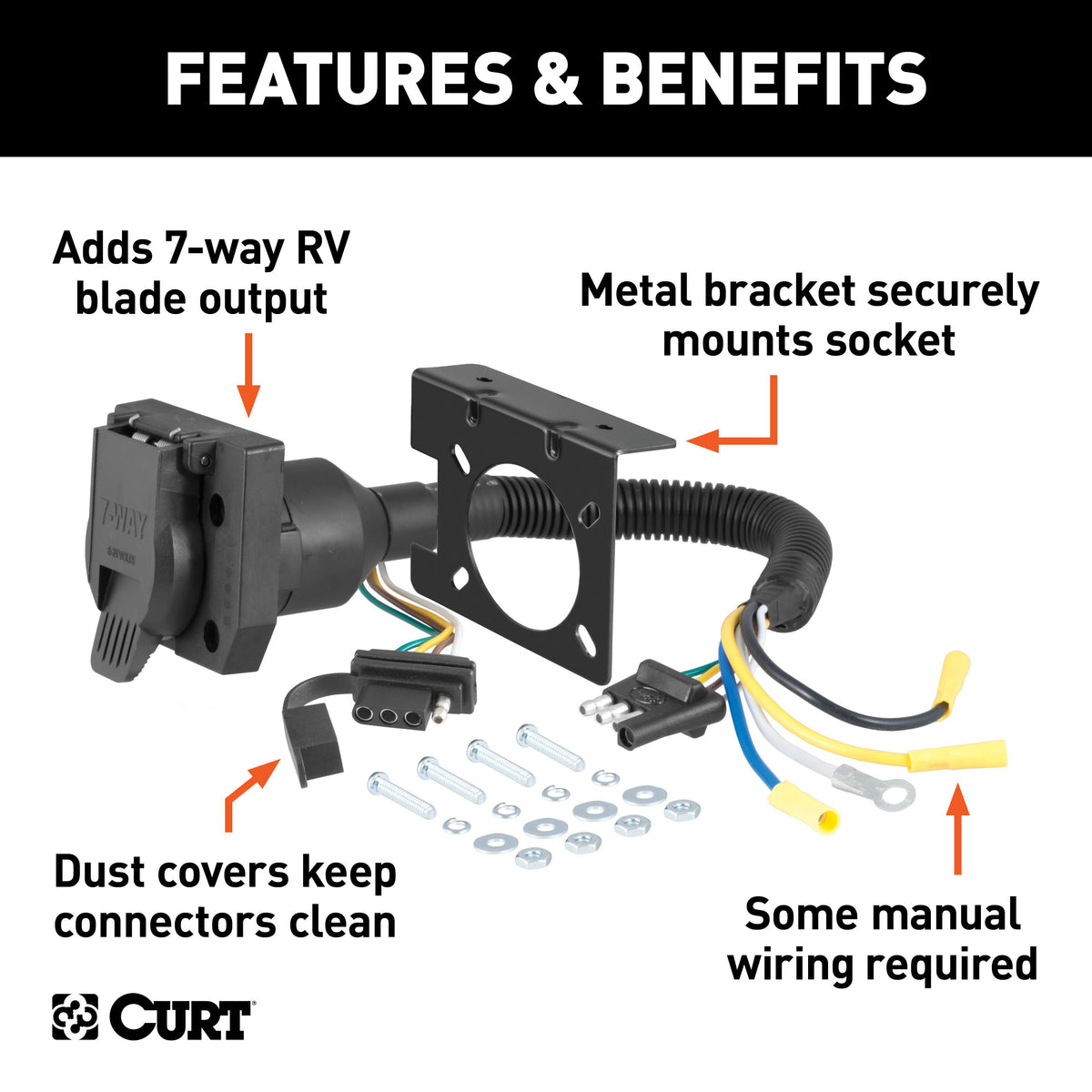 CURT 57672 Dual-Output 4-Way Flat Vehicle-Side to 7-Way RV Blade Trailer Wiring Adapter