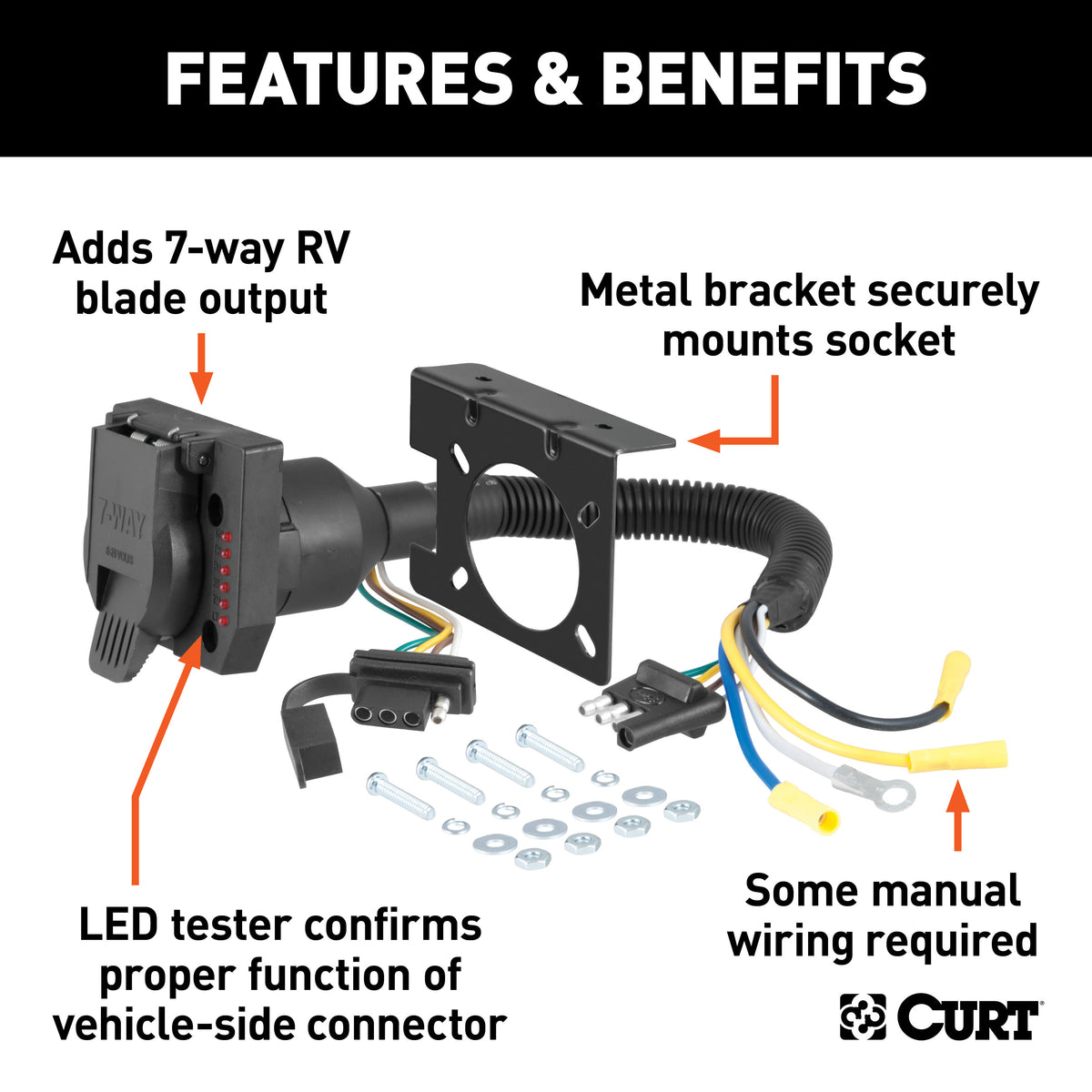 CURT 57674 Dual-Output 4-Way Flat Vehicle-Side to 7-Way RV Blade Trailer Wiring Adapter with Tester