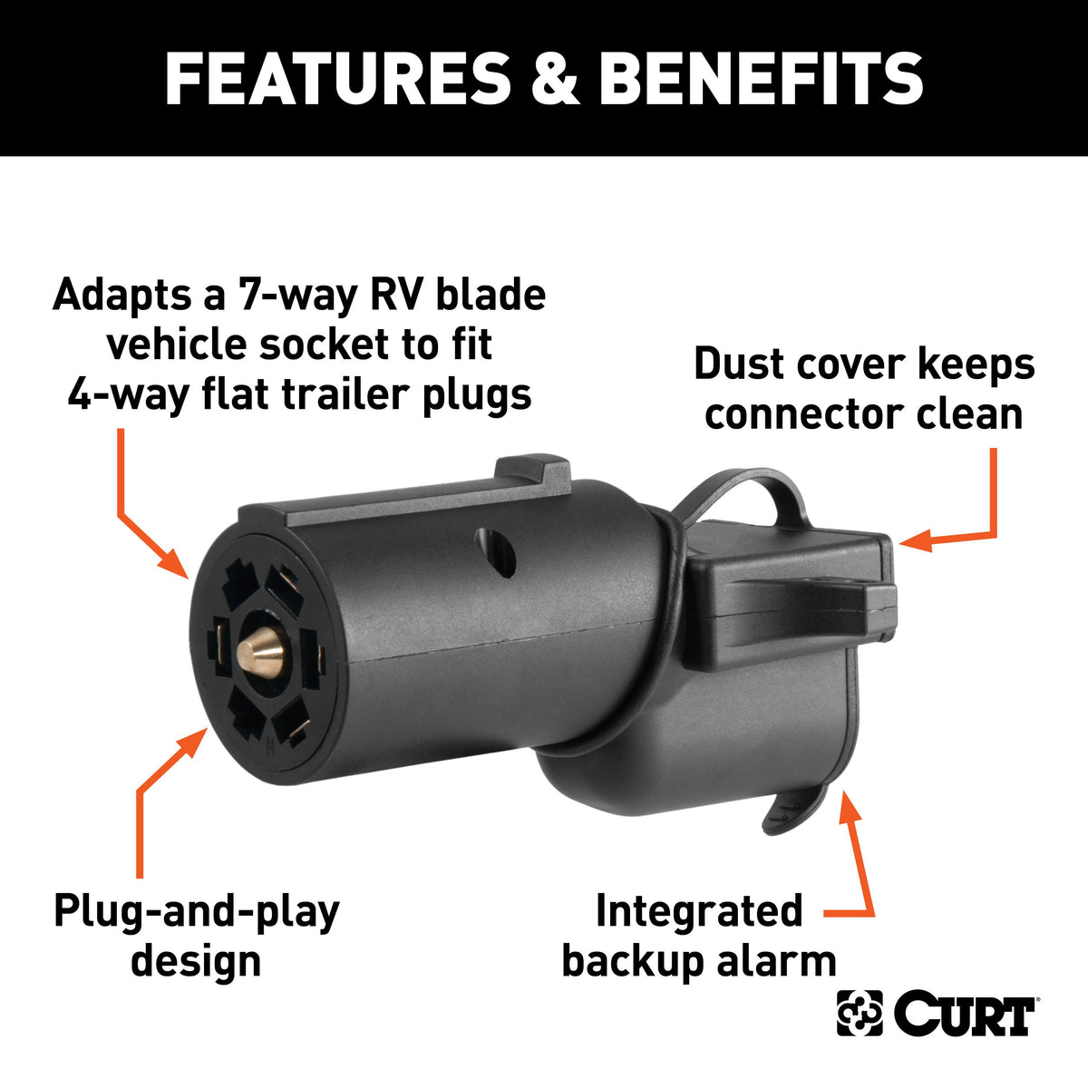 CURT 57724 7-Way RV Blade Vehicle-Side to 4-Way Flat Trailer Wiring Adapter with Backup Alarm