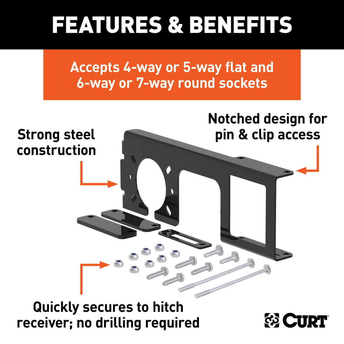 CURT 58000 Easy-Mount Vehicle Trailer Wiring Connector Mounting Bracket for 2-Inch Receiver, 4 or 5-Way Flat, 6 or 7-Way Round