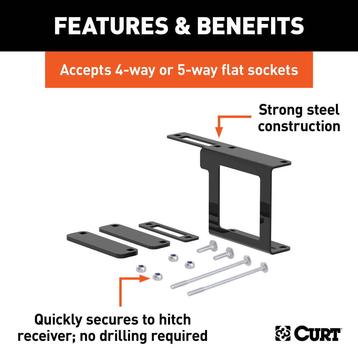 CURT 58001010 Easy-Mount Vehicle Trailer Wiring Connector Mounting Bracket for 2-Inch Receiver, 4 or 5-Way Flat, 10-Pack
