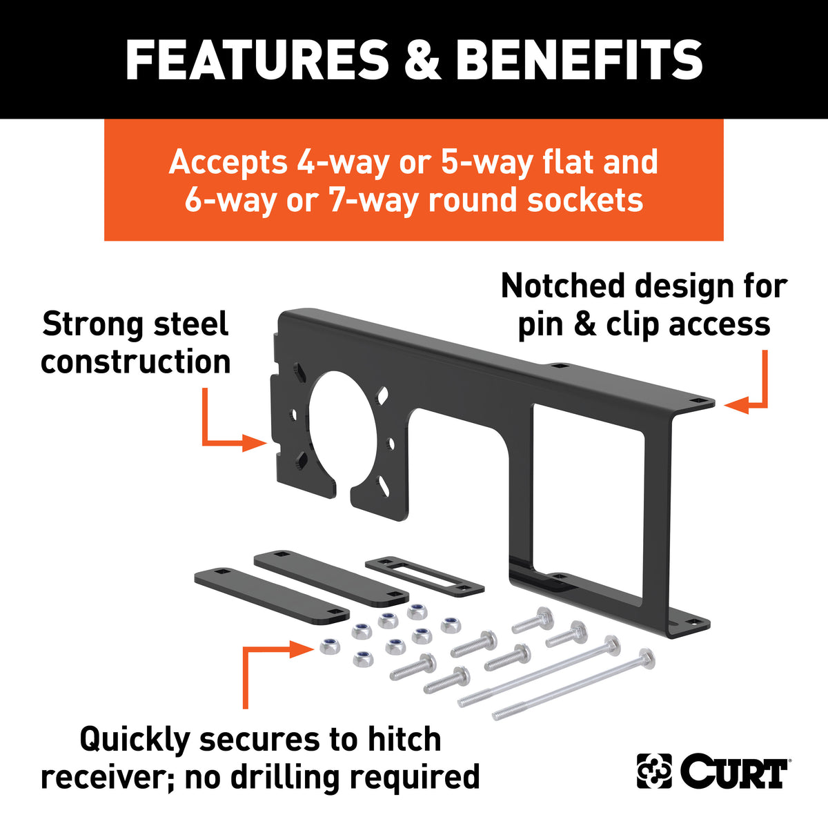 CURT 58003 Easy-Mount Vehicle Trailer Wiring Connector Mounting Bracket for 2-1/2-Inch Receiver, 4 or 5-Way Flat, 6 or 7-Way Round