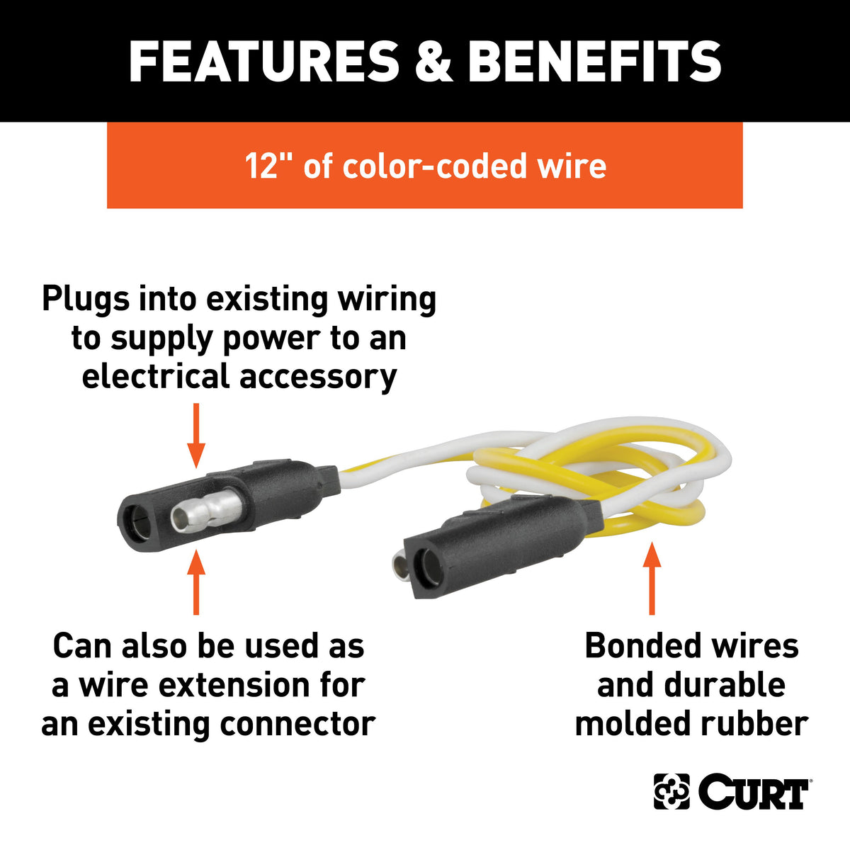 CURT 58020 2-Pin Flat Wiring Harness with 12-Inch Wires