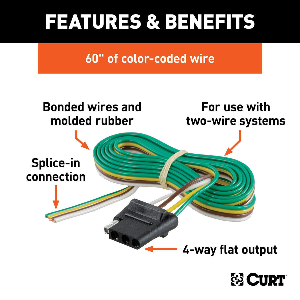 CURT 58040 Vehicle-Side 4-Pin Flat Trailer Wiring Harness with 60-Inch Wires