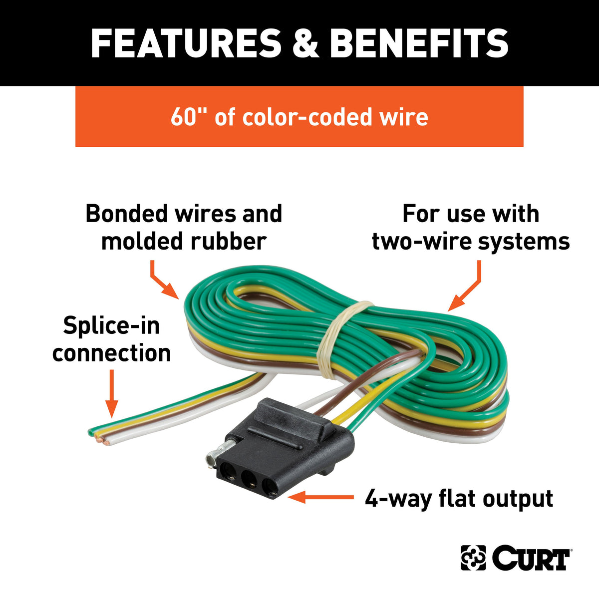 CURT 58041 Vehicle-Side 4-Pin Flat Trailer Wiring Harness with 60-Inch Wires