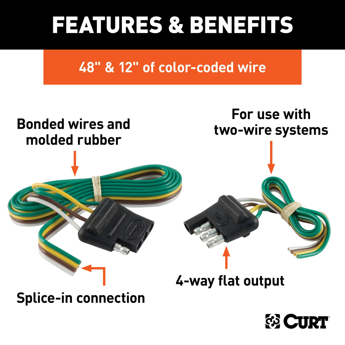 CURT 58042 4-Pin Flat Wiring Harness, 48-Inch Vehicle-Side, 12-Inch Trailer-Side Wires