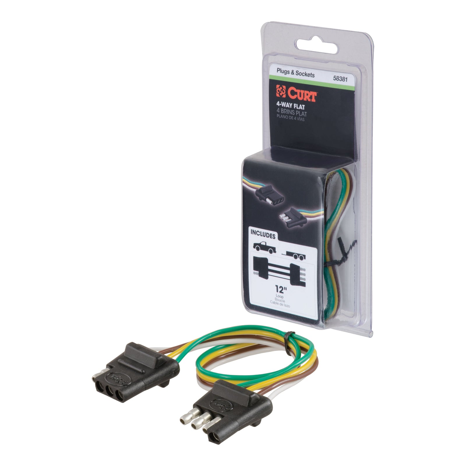 CURT 58381 Vehicle-Side and Trailer-Side 4-Pin Flat Wiring Harness with 12-Inch Wires