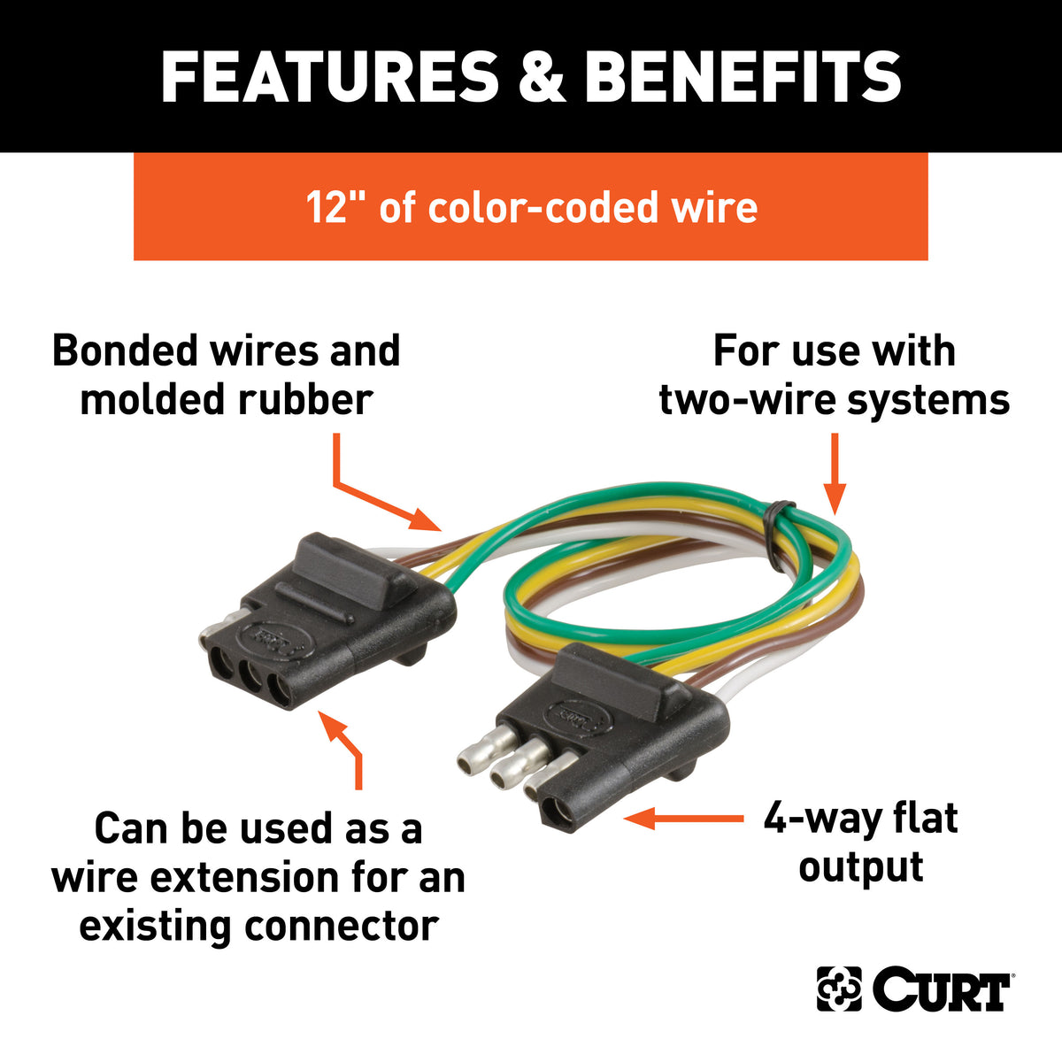 CURT 58381 Vehicle-Side and Trailer-Side 4-Pin Flat Wiring Harness with 12-Inch Wires