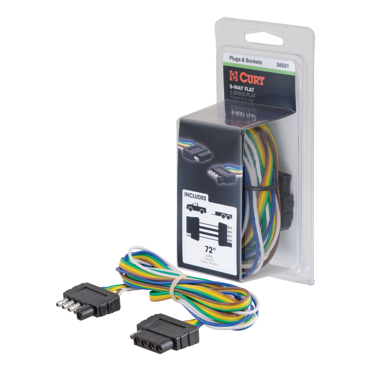 CURT 58551 Vehicle-Side and Trailer-Side 5-Pin Flat Wiring Harness with 72-Inch Wires