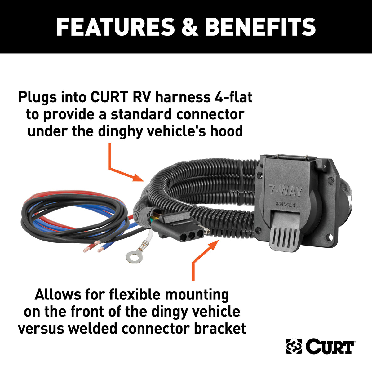 CURT 58980 4-Way Flat Vehicle-Side to 7-Way RV Blade Wiring Adapter, Dinghy Towing