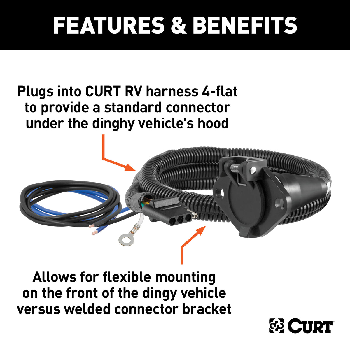 CURT 58981 4-Way Flat Vehicle-Side to 6-Way Round Wiring Adapter, Dinghy Towing