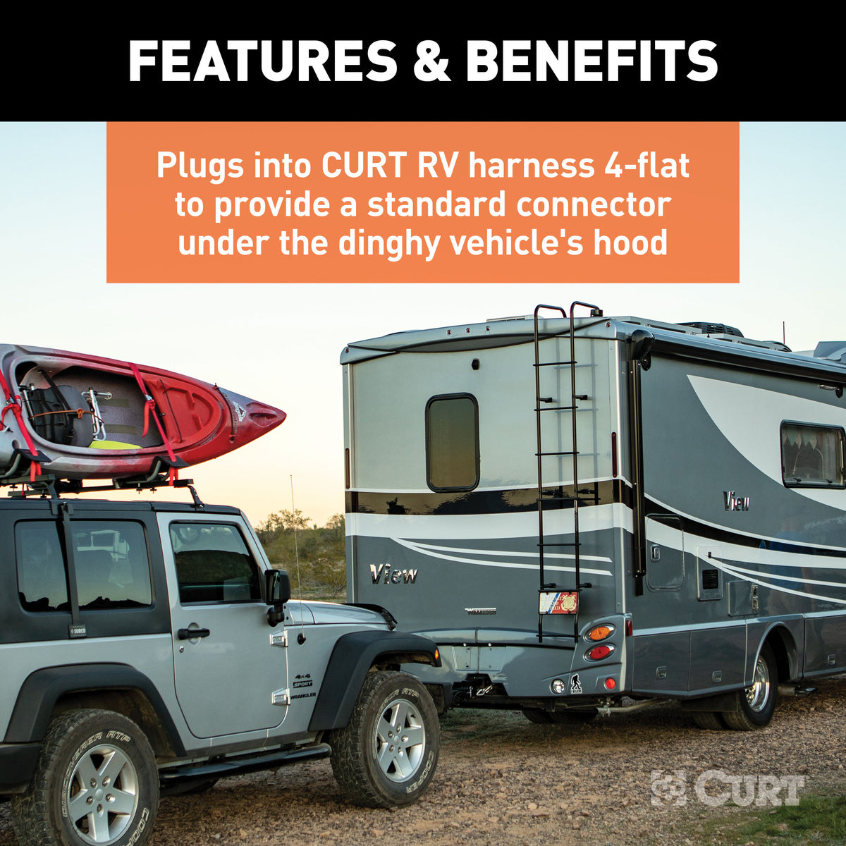 CURT 58981 4-Way Flat Vehicle-Side to 6-Way Round Wiring Adapter, Dinghy Towing