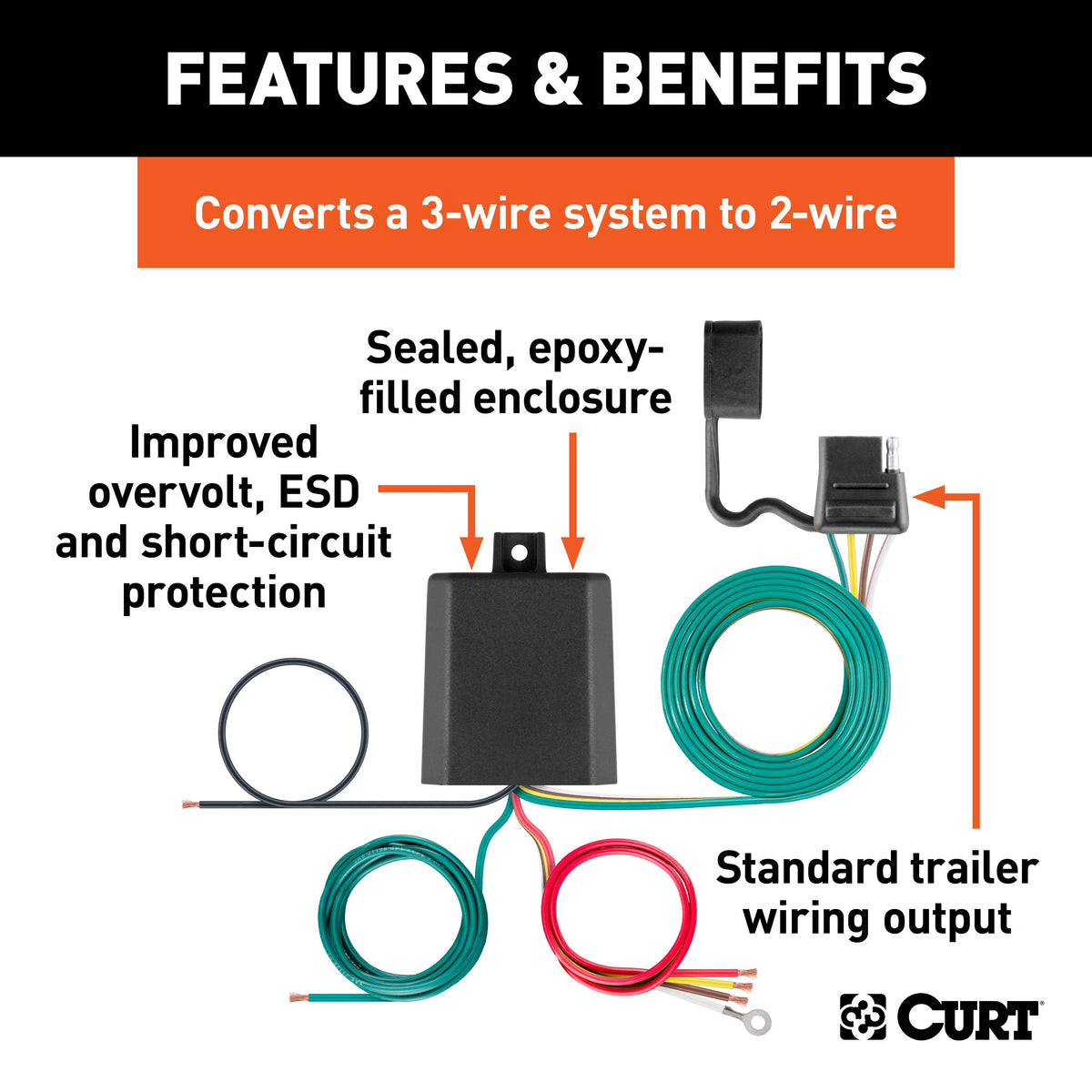 CURT 59496 Weather-Resistant Powered 3-to-2-Wire Splice-in Trailer Tail Light Converter Kit, 4-Pin Wiring Harness