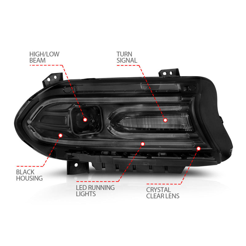 ANZO 2015-2018 Dodge Charger Projector Headlights Plank Style Black - 121559
