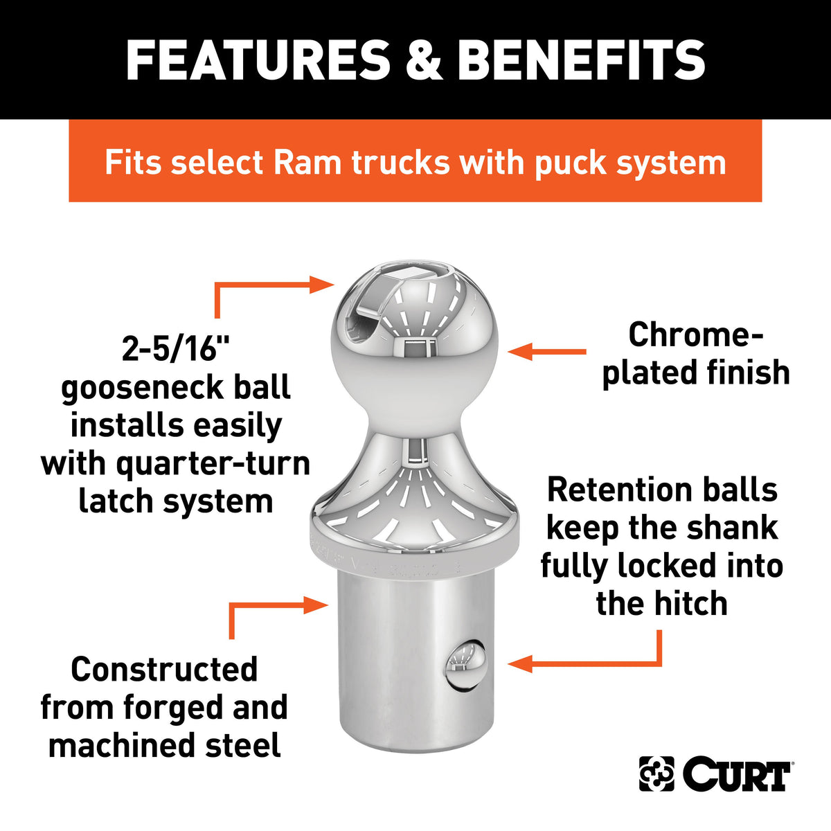 CURT 60601 OEM Puck System 2-5/16-Inch Gooseneck Ball, Fits Select Ram Trucks, 30,000 lbs