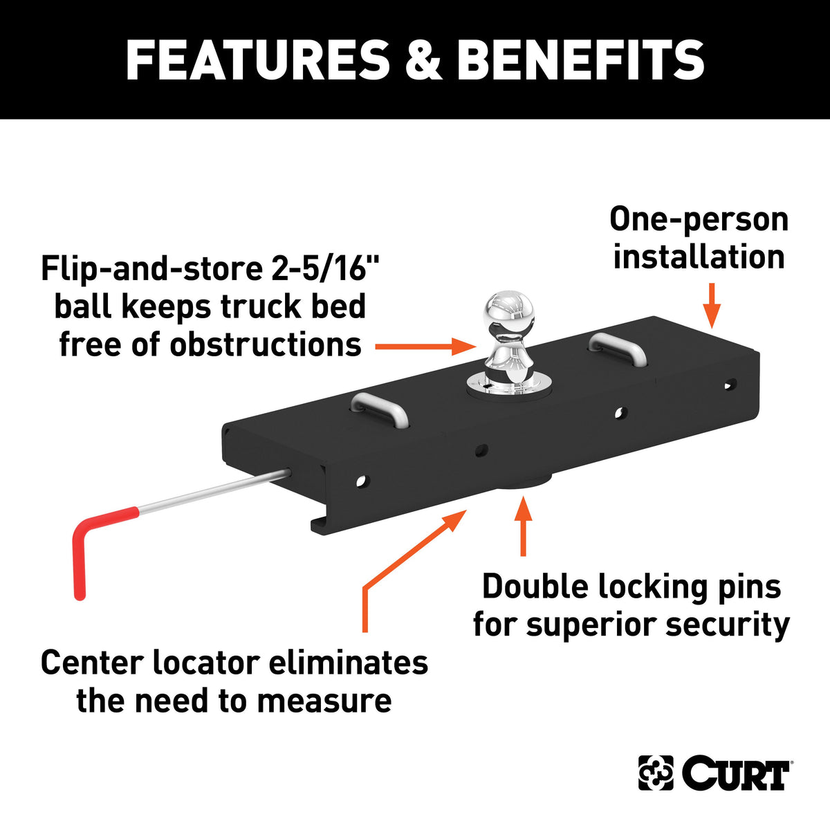 CURT 60611 Double Lock EZr Gooseneck Hitch with 2-5/16-Inch Flip-and-Store Ball, 30,000 lbs