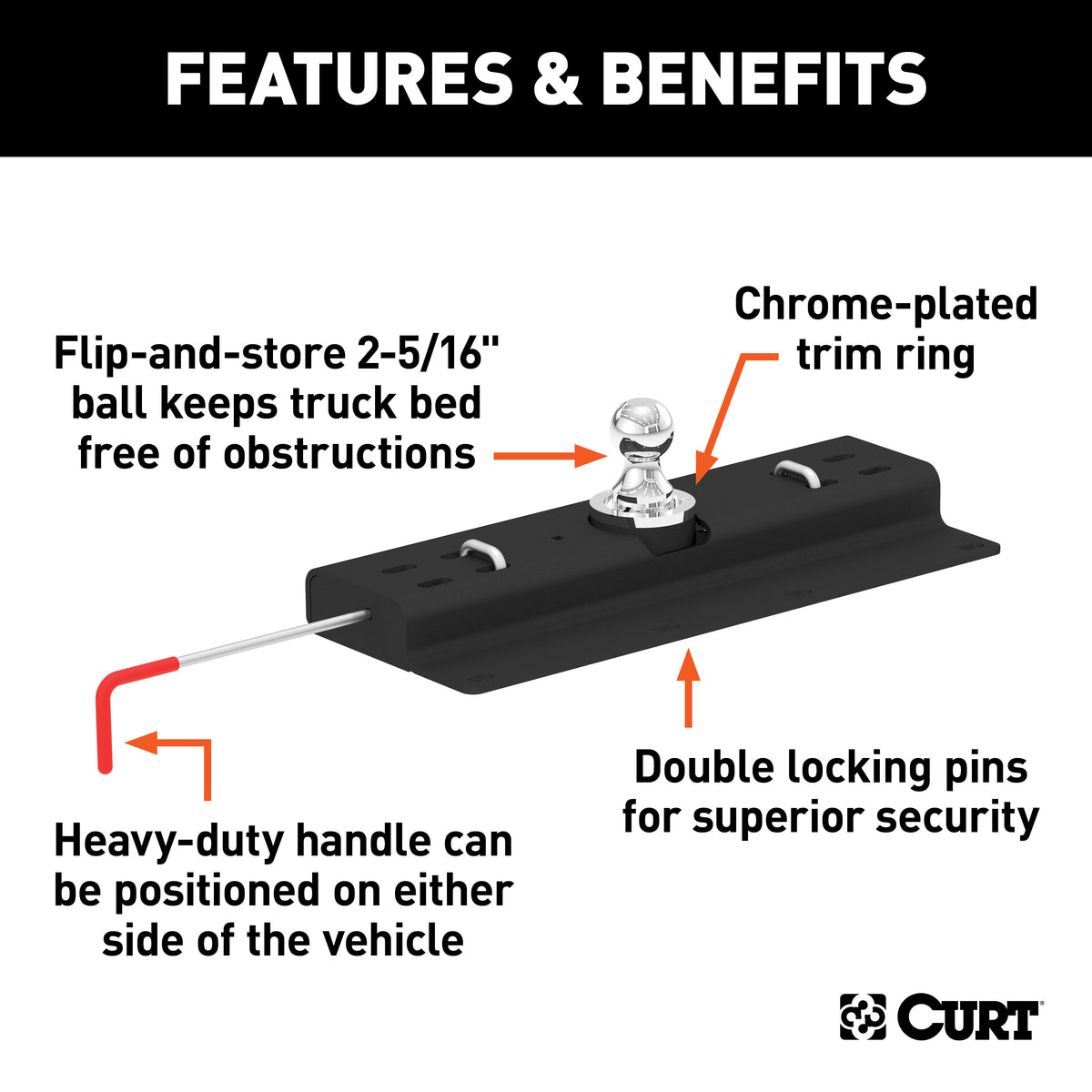CURT 60615 Double Lock Gooseneck Hitch with 2-5/16-Inch Flip-and-Store Ball, 30,000 lbs