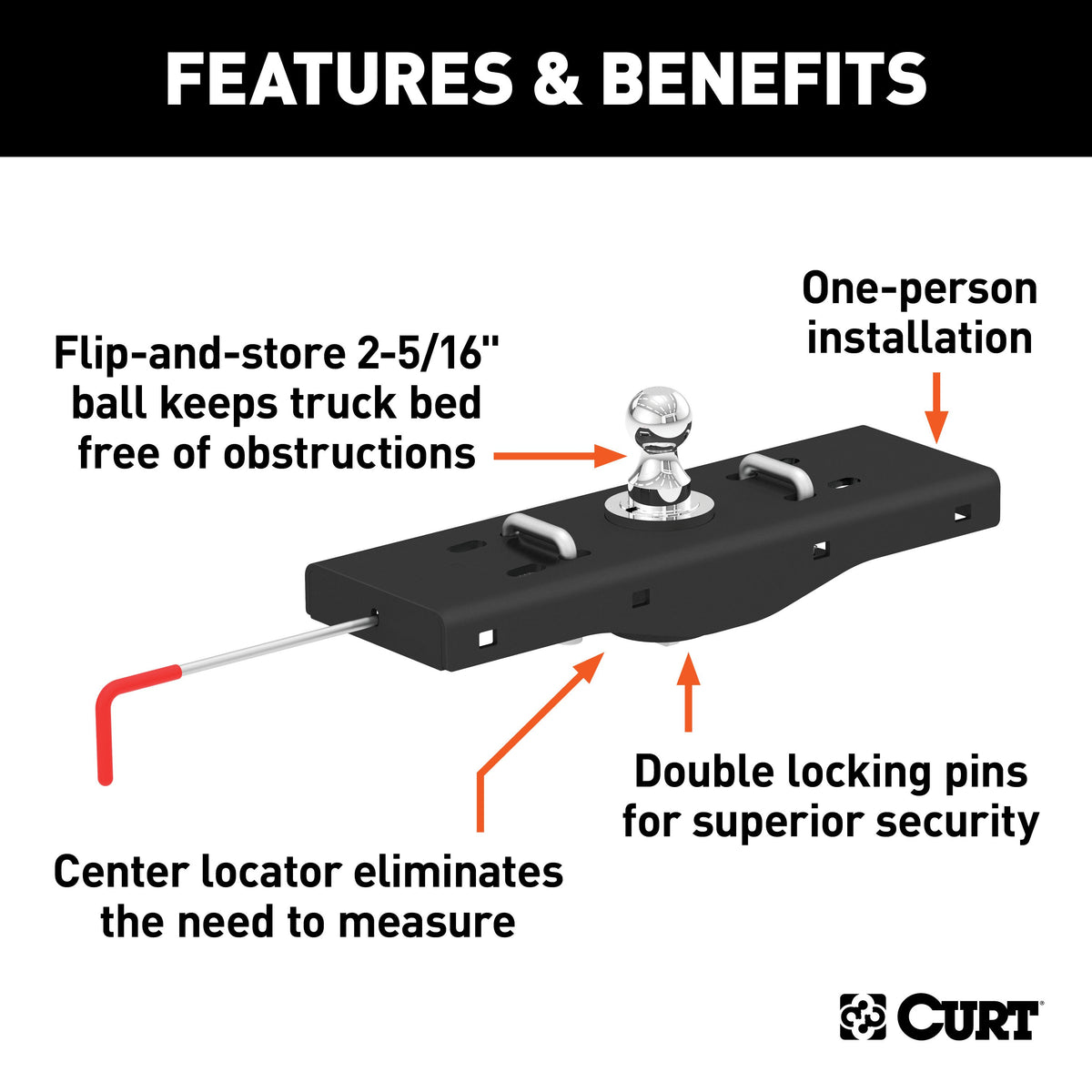 CURT 60619 Double Lock EZr Gooseneck Hitch with 2-5/16-Inch Flip-and-Store Ball, 30,000 lbs