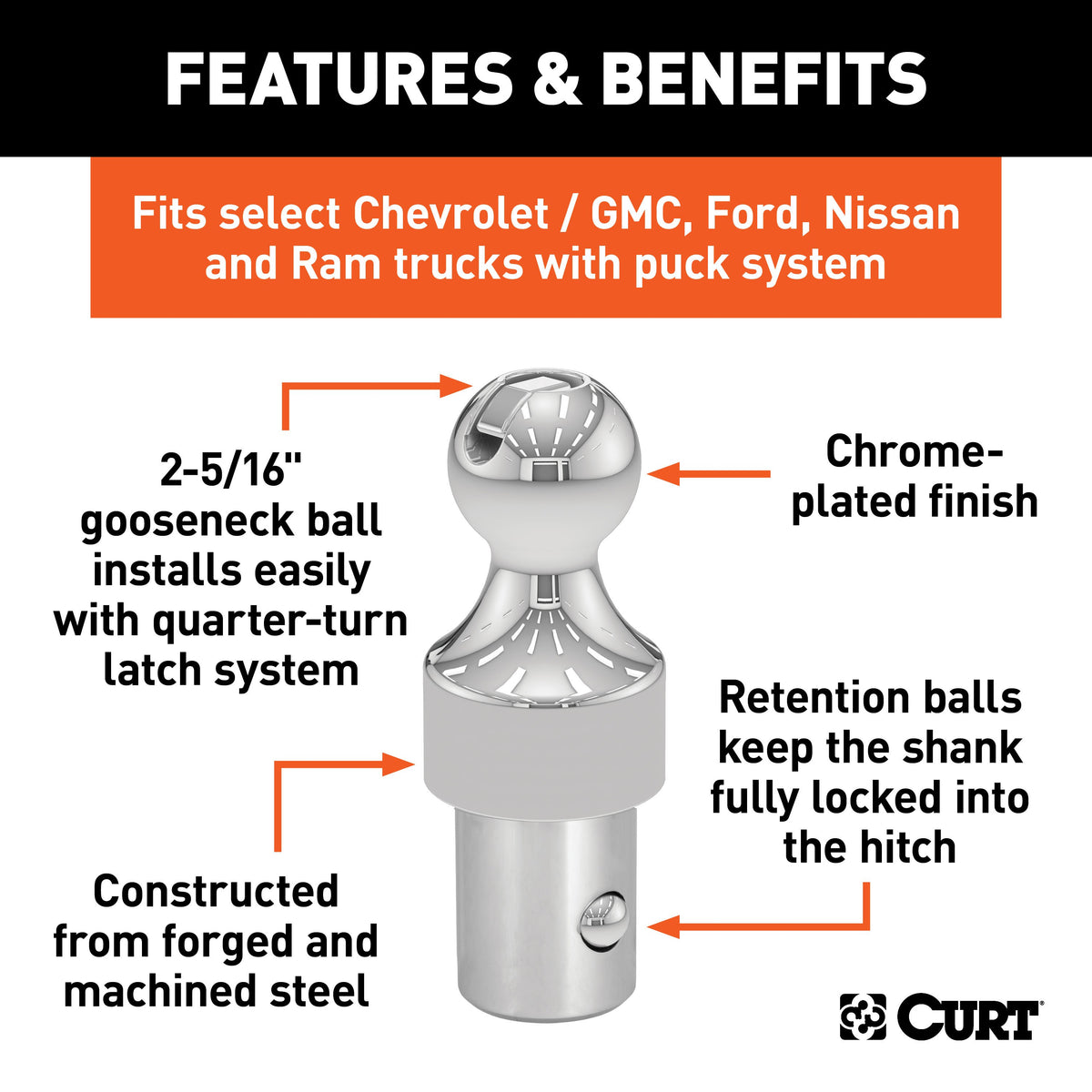 CURT 60629 30K Factory Style 2-5/16-Inch Gooseneck Ball, Fits Select Chevrolet Ford, GMC, Nissan Titan XD, Ram, Puck System Required