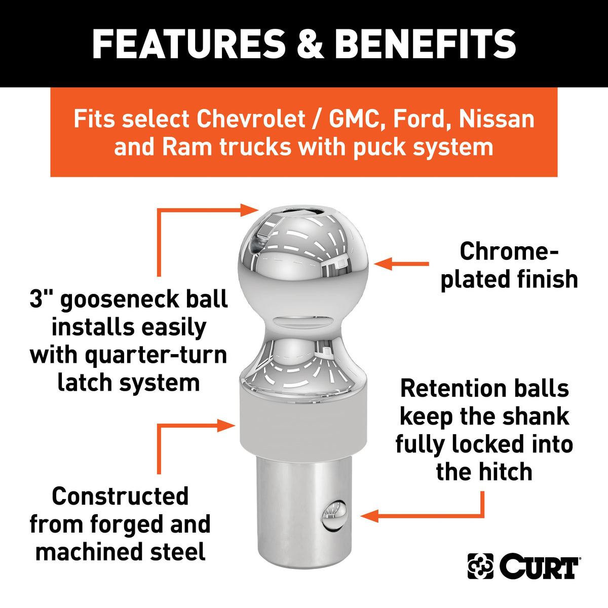 CURT 60634 38K Factory Style 3-Inch Gooseneck Ball, Fits Select Chevrolet Ford, GMC, Nissan Titan XD, Ram, Puck System Required