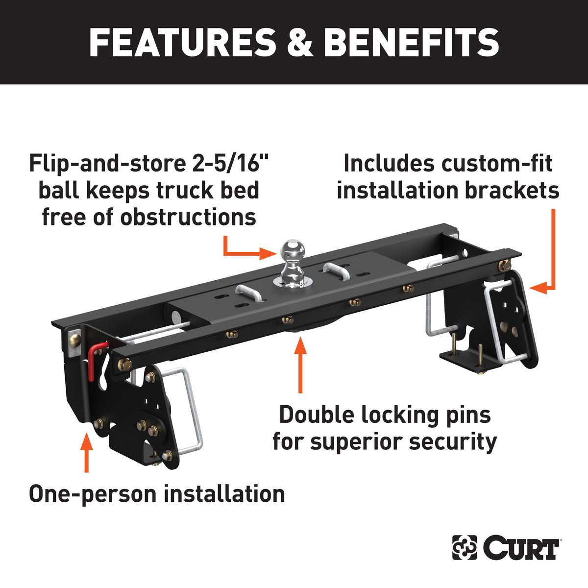 CURT 60682 Double Lock EZr Gooseneck Hitch, 2-5/16-In. Flip-Over Ball 30K, Fits Select Dodge, Ram 2500, 3500