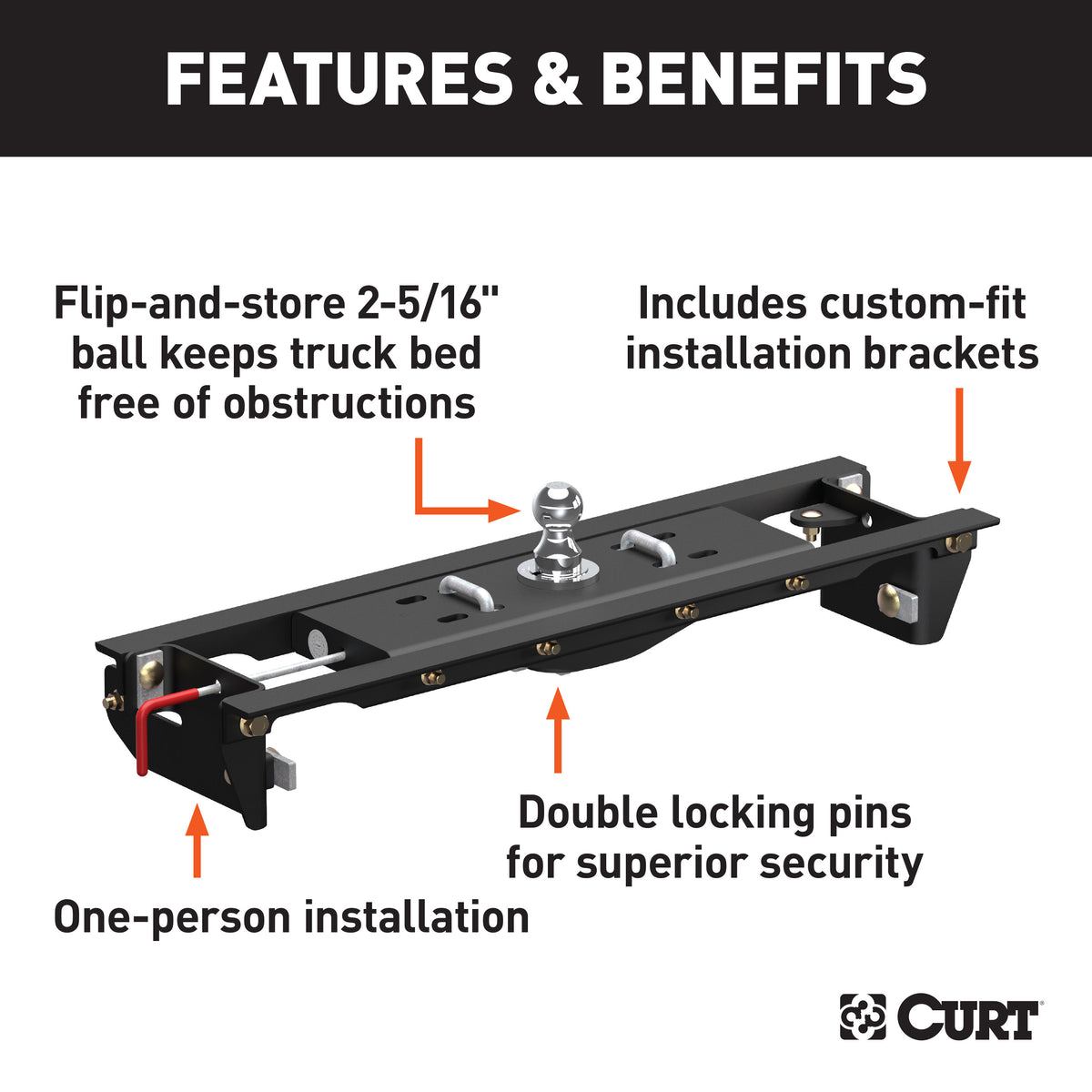 CURT 60683 Double Lock EZr Gooseneck Hitch, 2-5/16-In. Flip-Over Ball 30K, Fits Select Ford F-250, F-350 Super Duty