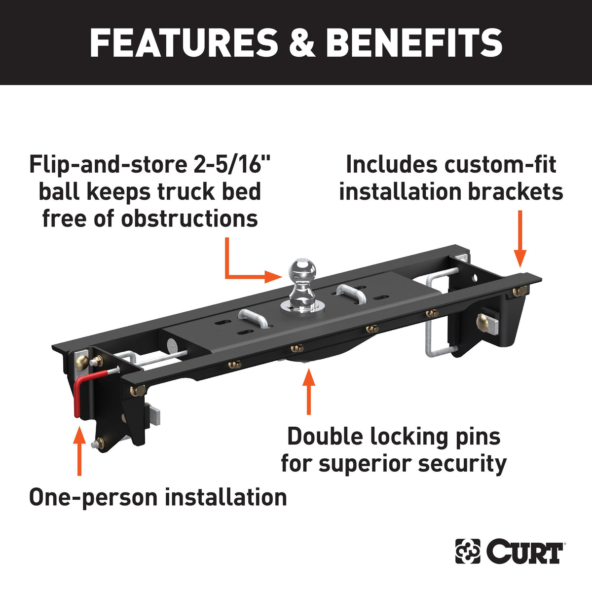 CURT 60685 Double Lock EZr Gooseneck Hitch, 2-5/16-In. Flip-Over Ball 30K, Fits Select Ford F-250, F-350 Super Duty
