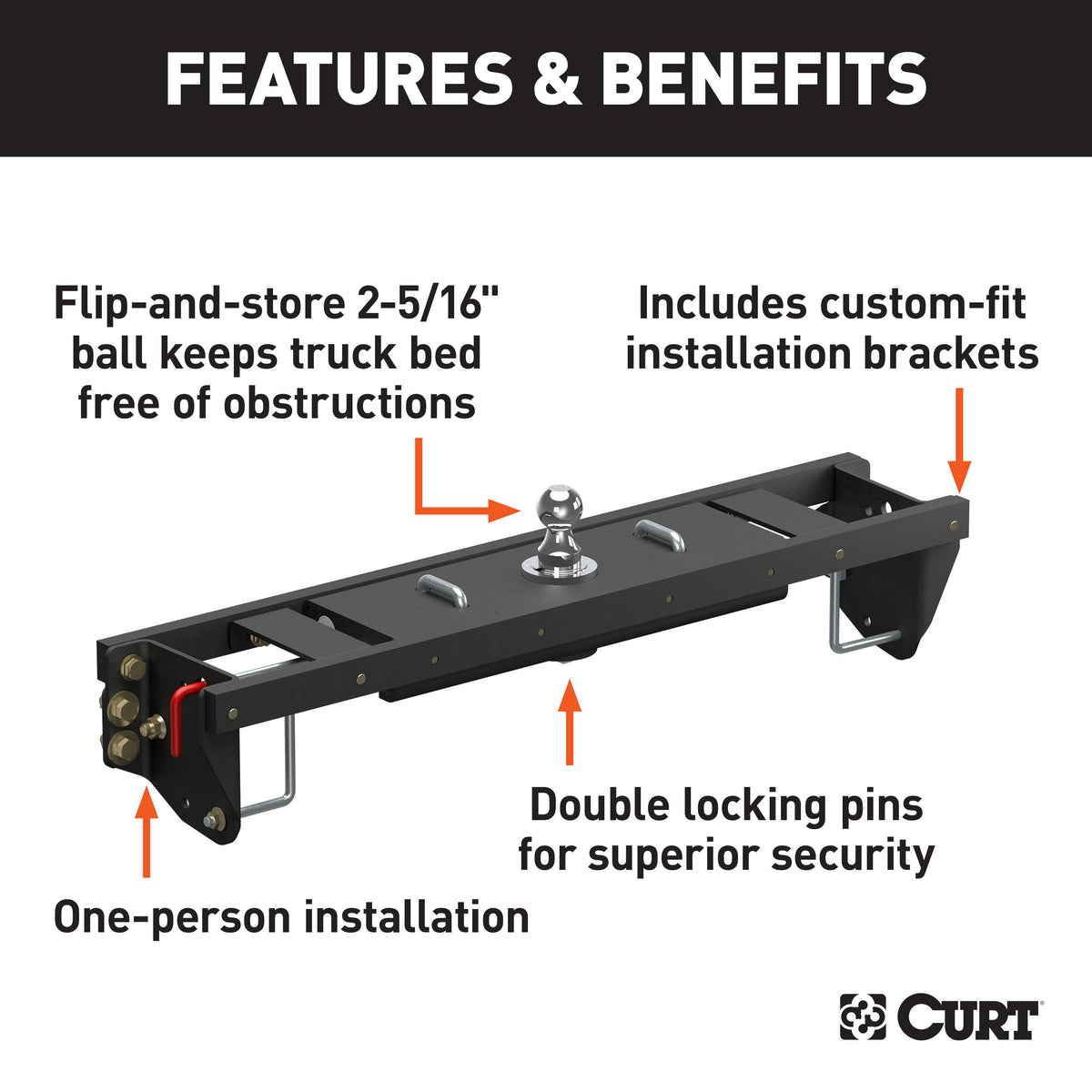 CURT 60690 Double Lock EZr Gooseneck Hitch, 2-5/16-In. Flip-Over Ball 25K, Fits Select Chevrolet Silverado, GMC Sierra 2500, 3500 HD