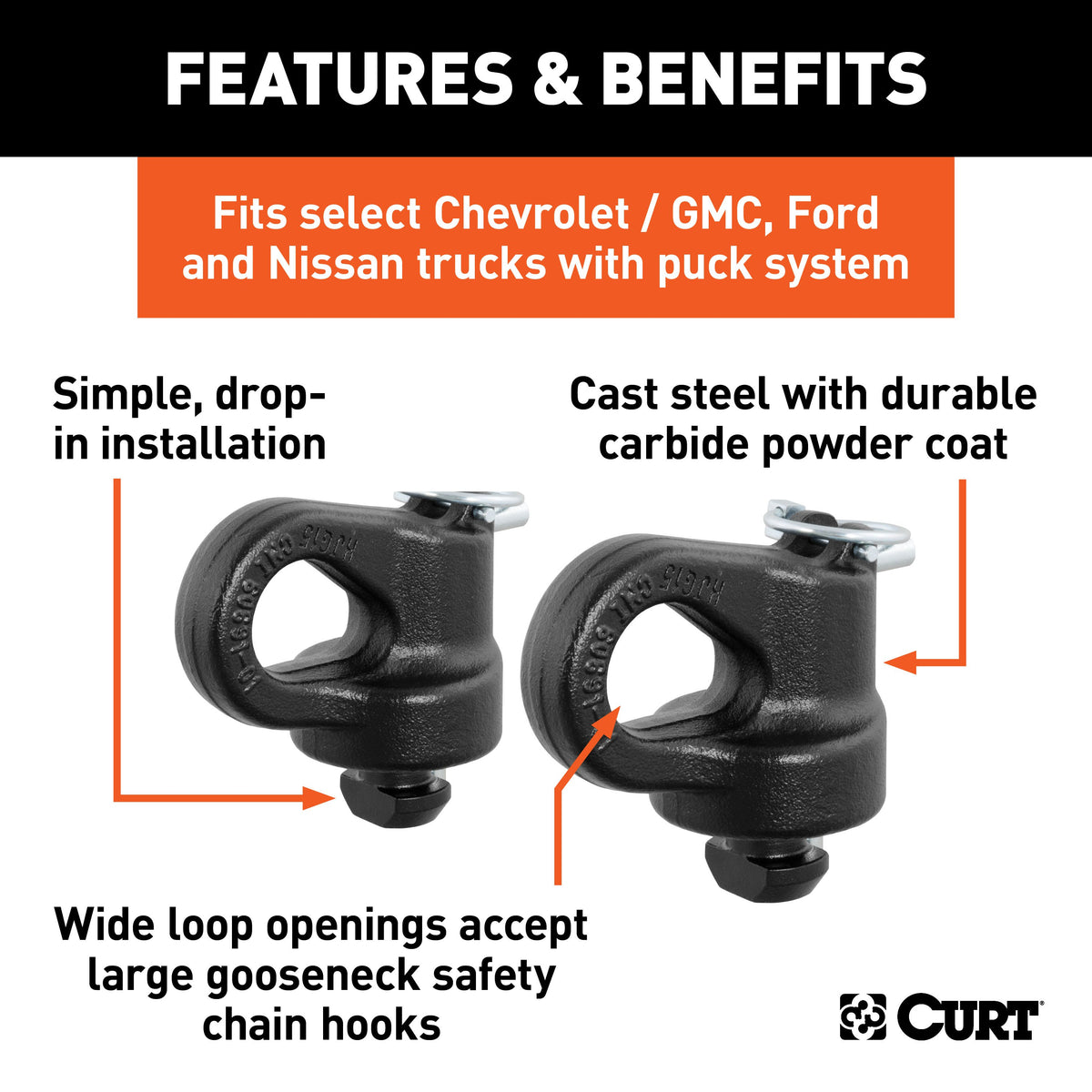 CURT 60691 OEM Puck System Gooseneck Safety Chain Anchors, 30K, Fits Select Silverado, Sierra 2500, 3500 HD, F-250, F-350, Nissan Titan XD