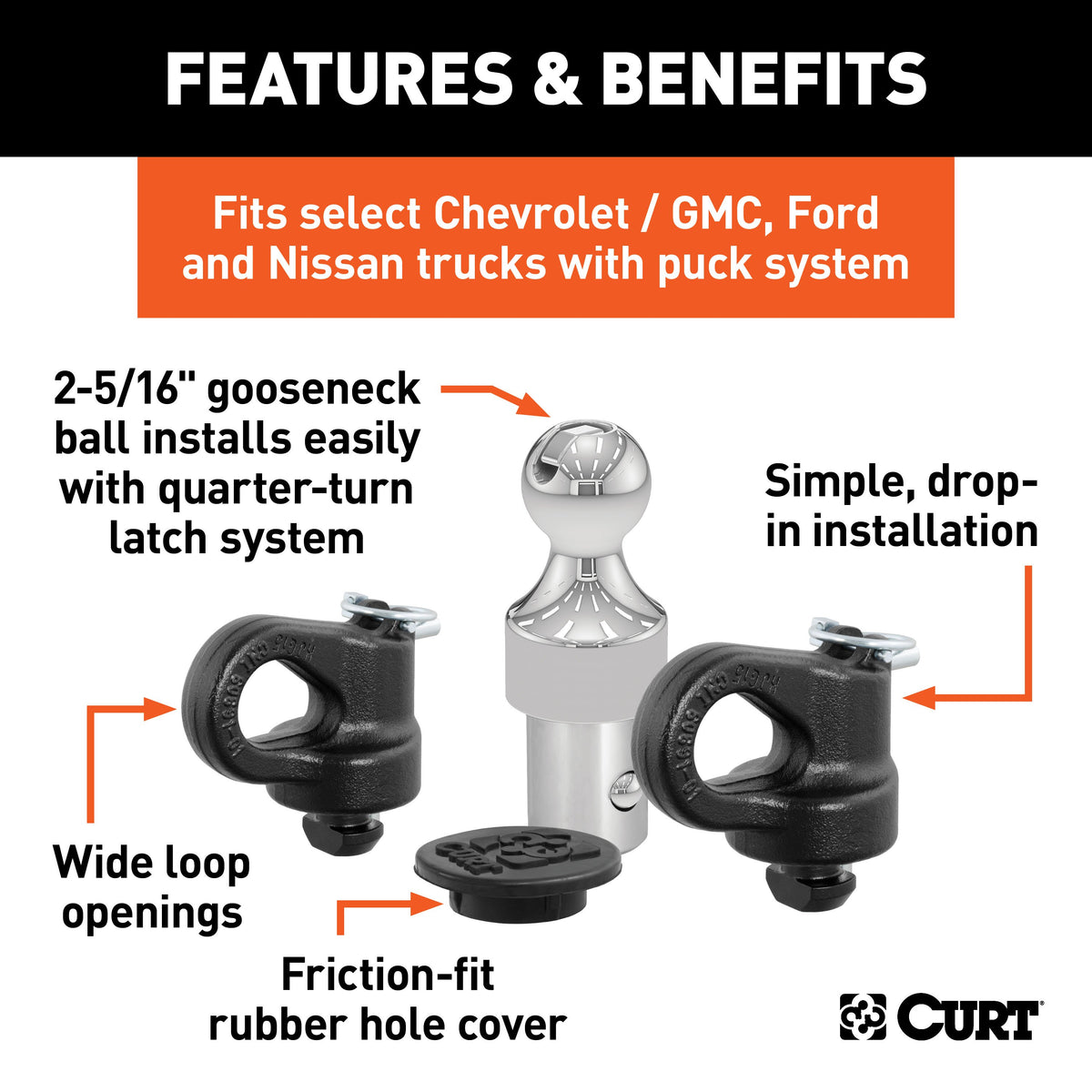 CURT 60692 OEM Puck System Gooseneck Hitch Kit, 30K, 2-5/16-In Ball, Fits Select Silverado, Sierra 2500, 3500 HD, F-250, F-350, Nissan Titan XD