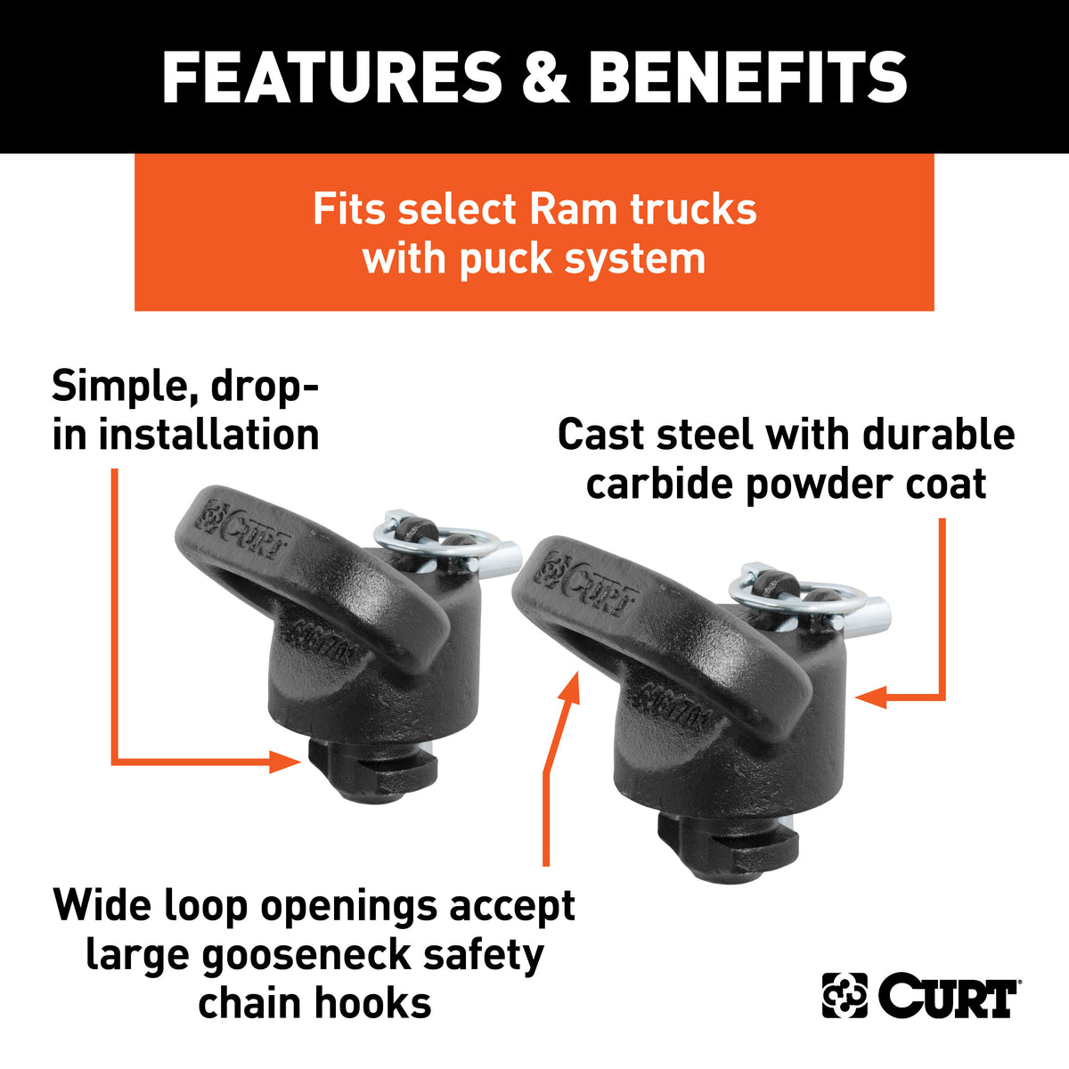 CURT 60698 OEM Puck System Gooseneck Safety Chain Anchors, 38K, Select Ram 2500, 3500