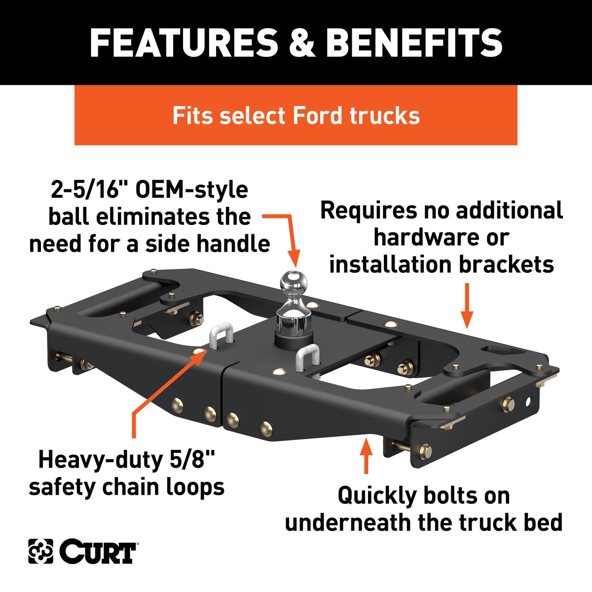 CURT 60702 Factory Original Equipment Style Gooseneck Hitch, 38,000 lbs. 2-5/16-Inch Ball, Fits Select Ford F-250, F-350, F-450 Super Duty