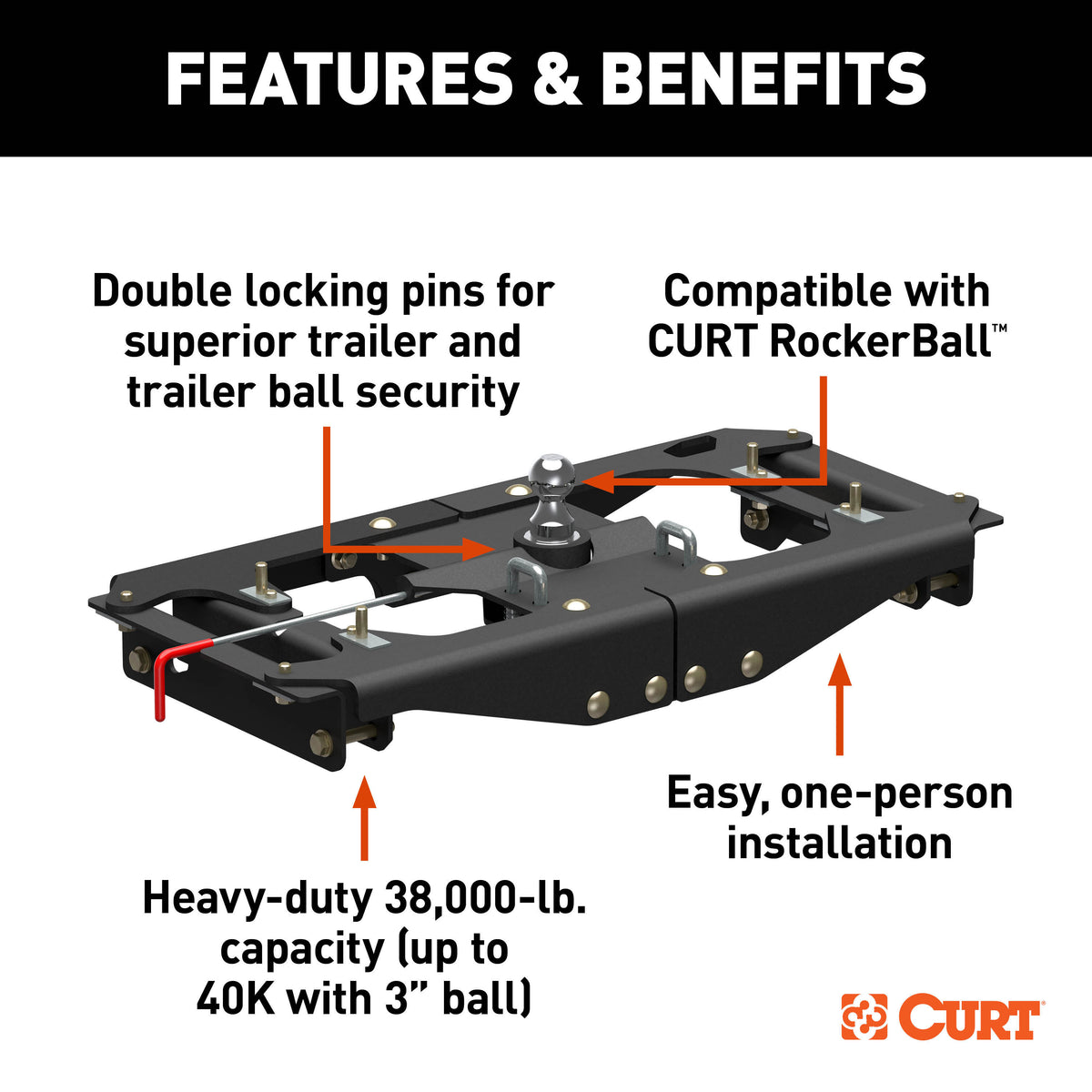 CURT 60703 PowerHaul Double Lock Gooseneck Hitch, Fits Select Ford F-250, F-350, F-450 Super Duty