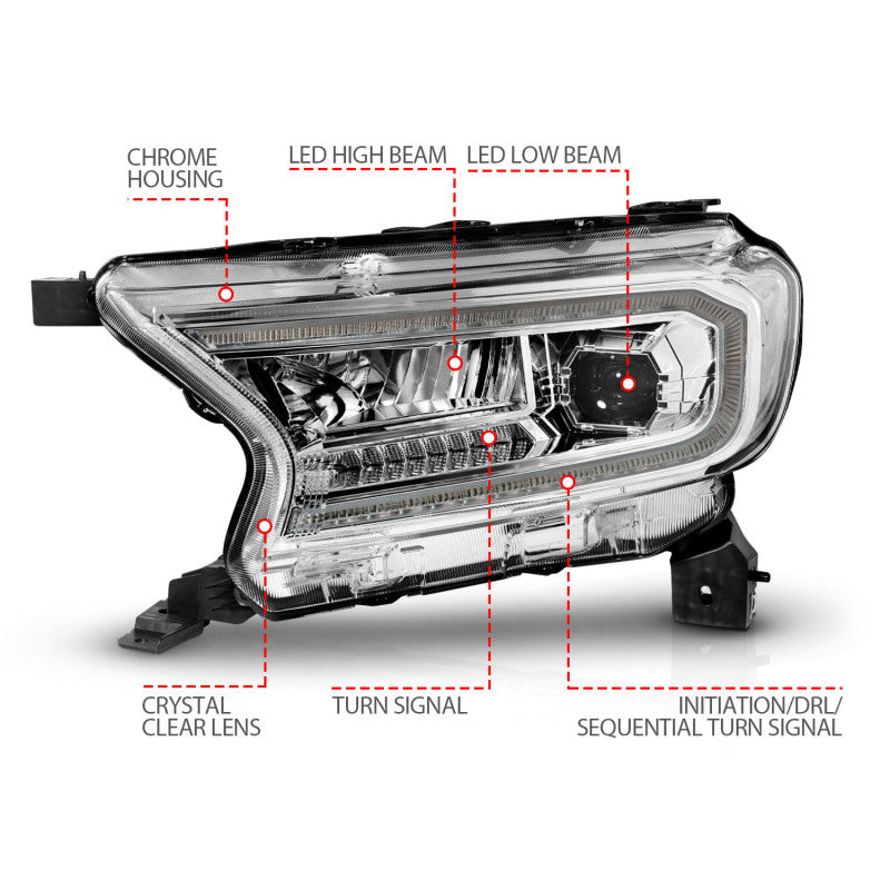 ANZO 19-23 Ford Ranger Full LED Projector Headlights w/ Initiation &amp; Sequential - Chrome - 111614