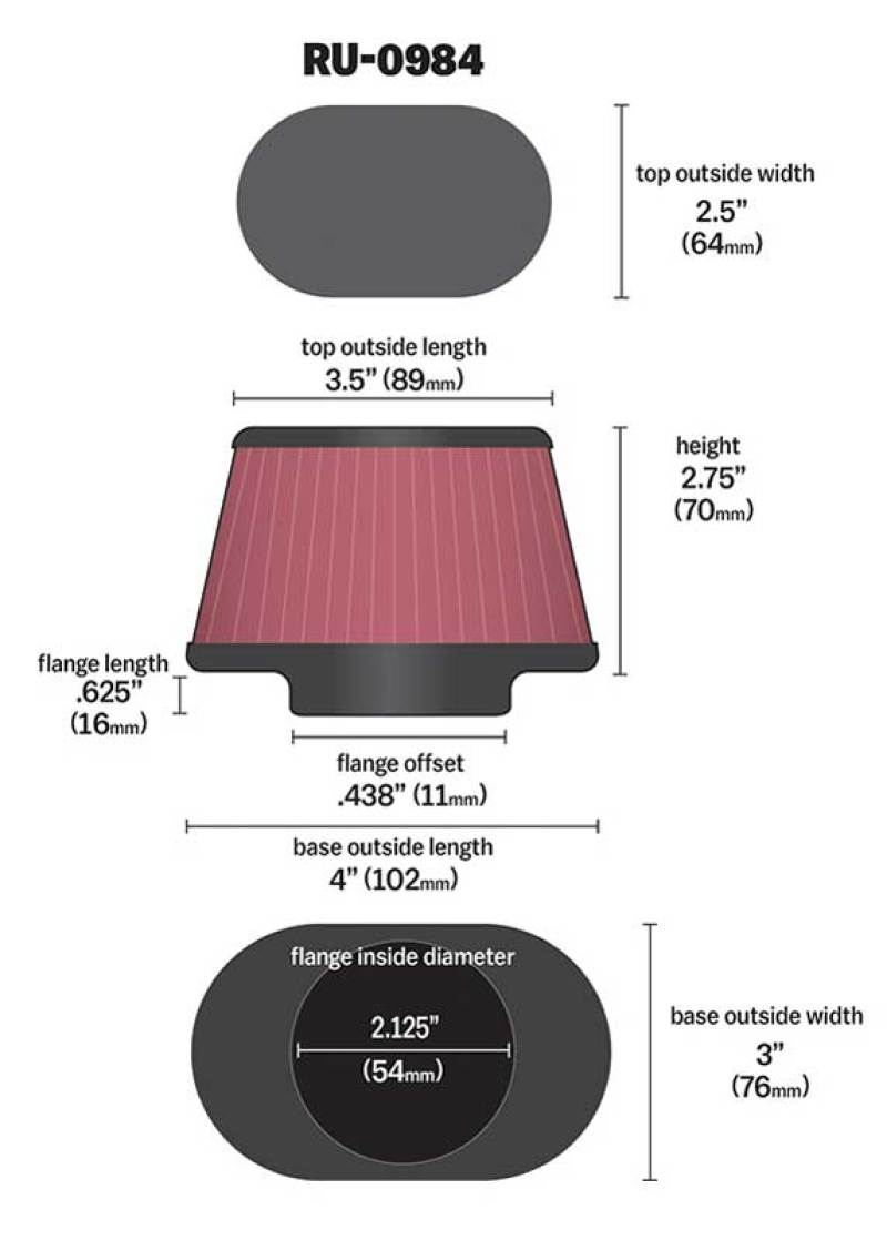 K&amp;N Universal Rubber Filter 2.125in Flange ID/3in x 4in Tapered Oval/2.75in Height (4 Filters) - RU-0984