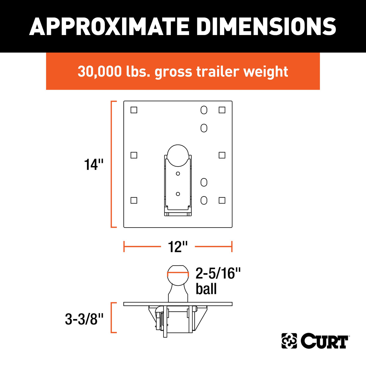 CURT 61052 Over-Bed Folding Ball Gooseneck Hitch, 30,000 lbs, 2-5/16-Inch Ball
