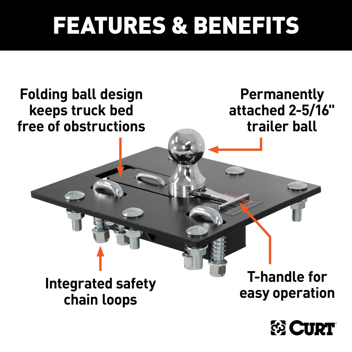 CURT 61052 Over-Bed Folding Ball Gooseneck Hitch, 30,000 lbs, 2-5/16-Inch Ball